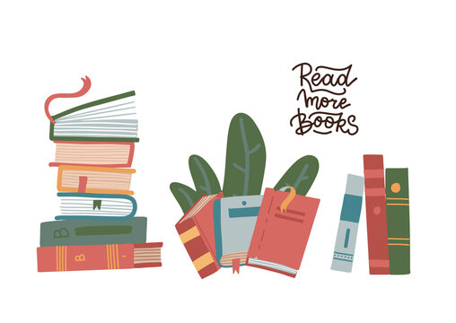 Set of Stack of books isolated on a white background. Pile of colorful books. Hand drawn educational flat vector illustration. World book day concept. Lettering quote - read more books.