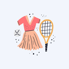 Sports dress, ball and racket flat vector illustration. Womens sportswear and tennis equipment doodle color drawing. Sports facilities, racquet and outfit isolated on white background