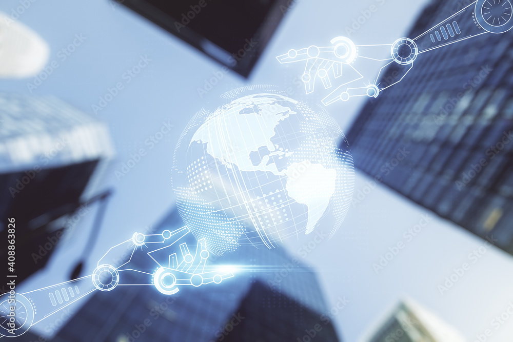 Aufkleber abstract virtual robotics technology hologram with globe on modern architecture background, artifici