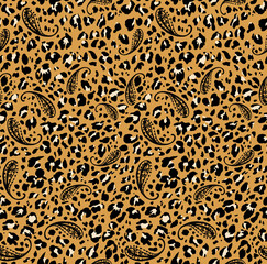 Seamless leopard paisley pattern, animal print.