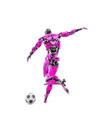 Obraz na płótnie Canvas master cyber robot is kicking the football ball rear view