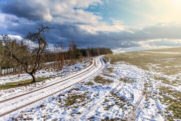 Thawed on the field with snow against sky.   Landscape in Czech Republic. Melting snow in fields and around trees. Tire tracks in the snow.