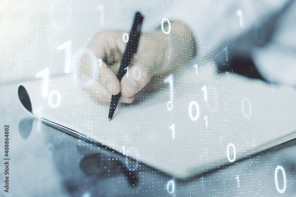 Leinwandbilder double exposure of creative abstract binary code hologram and man hand writing in notebook on backgr