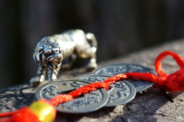 Metal tiger figurine close-up. Nearby are Chinese Fengshui coins.