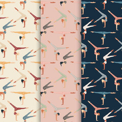 Sportswomen exercising legs raised apart. Vector background set.