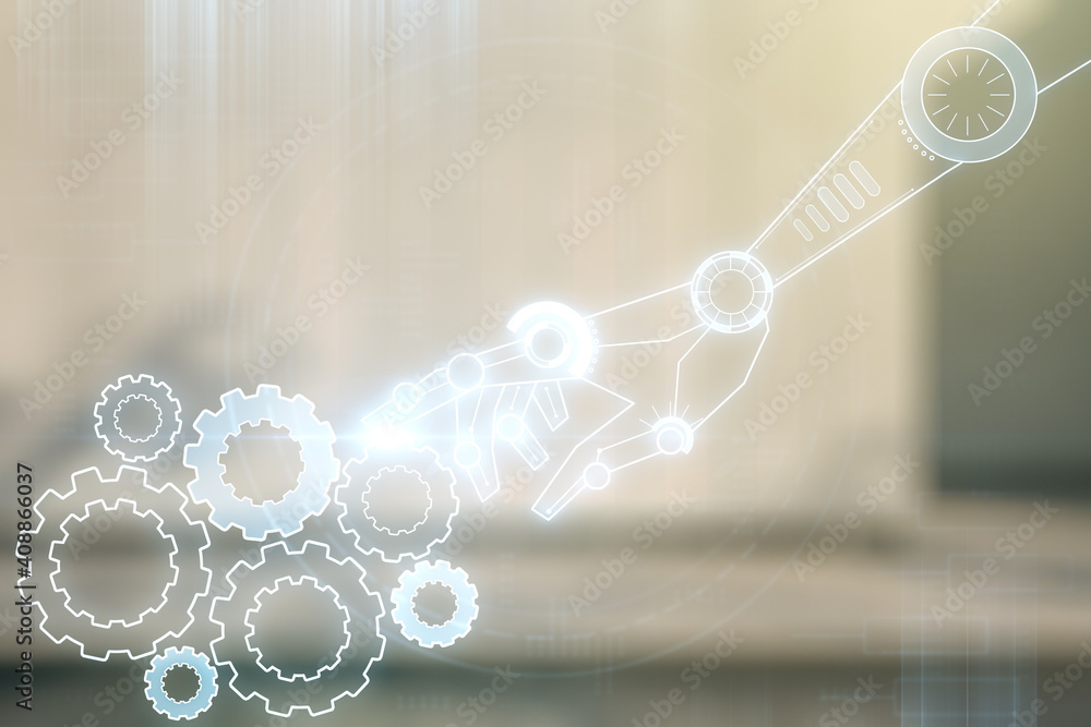 Aufkleber double exposure of abstract virtual robotics technology hologram on modern business center exterior 