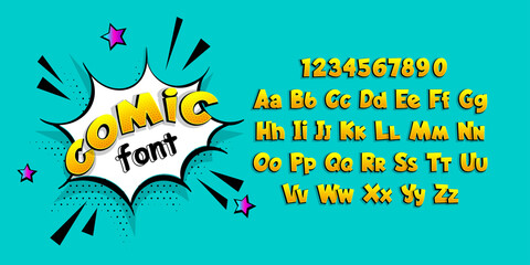 Yellow Comic book pop art superhero font. Comic text alphabet collection. Bold comics book font with halftone shadow. Speech bubble for text.
