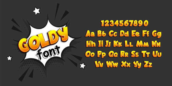 Golden glossy comic book pop art superhero font. Comic text alphabet collection. Bold comics book font with halftone shadow. Speech bubble for text.