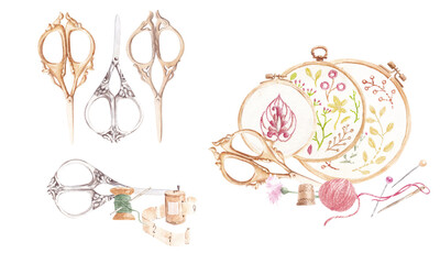 Embroidery kit. Hand-drawn watercolor hoops, vintage scissors, pins, needles, thimbles, pincushion, spools of thread, floss. Handicraft illustrations. 
