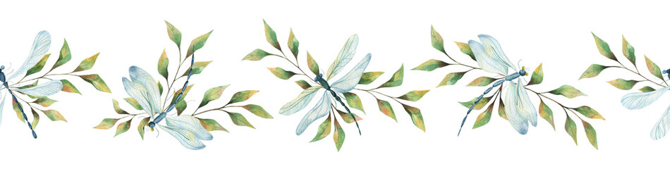 Seamless border with watercolor dragonflies and green leaves on a white background, summer bright dragonflies, insects. Summer illustration for postcards, posters, packaging