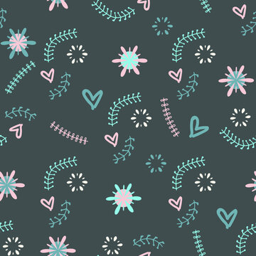 Doodle hand drawn hearts, squiggles, and flowers in pastel colors with a dark grey background. Seamless repeating pattern