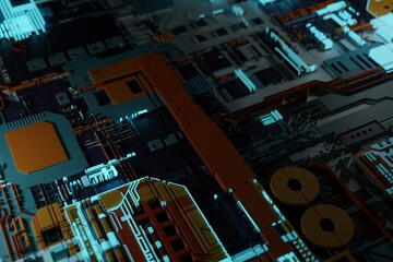 Colored technological glowing background. Electronic board with luminous elements. Futuristic computer motherboard, close up, 3D rendering