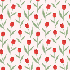Obraz premium Red tulips vector seamless pattern. Hand drawn spring flower background