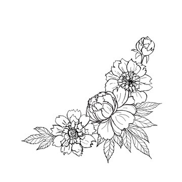 Peony flowers bouquet frame template. Corner frame vector illustration black and white sketch for decor postcards, coloring pages.