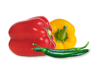 group of sweet and hot peppers isolated on white background