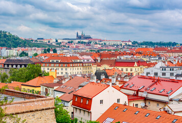 Naklejka na ściany i meble Prague cityscape with Prague castle on top seen from Vysehrad (Upper Castle), Czechia
