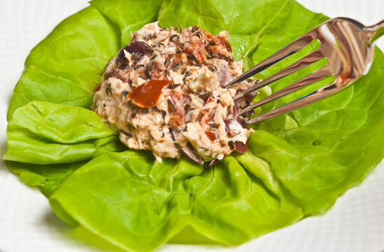 Top View, Close Distance Of A Scoop Of Freshly Prepared Tuna Salad With Walnuts, On A Bed Of Bib Lettuce,  With An Artisan Fork, On Round, White Plate