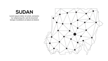 Sudan communication network map. Vector low poly image of a global map with lights in the form of cities. Map in the form of a constellation, mute and stars.
