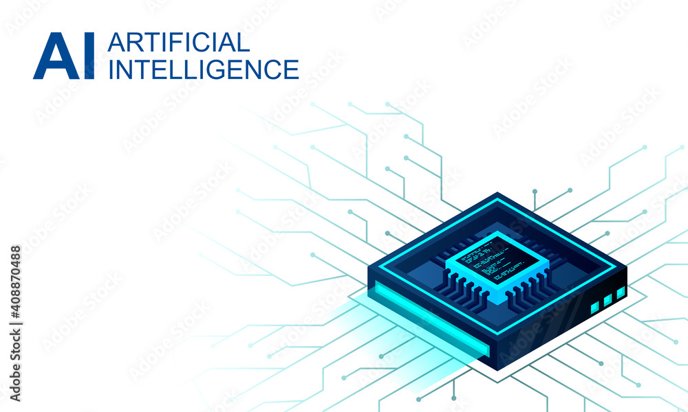 Poster isometric artificial intelligence web banner. 3d isometric illustration of a processor chip. the pro