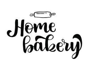 Home bakery text, hand written lettering bakery shop, café emblem, isolated on white background. Cooking logo, poster, banner. Vector illustration for design.