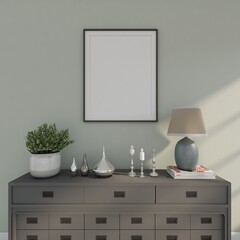 wood desk  with picture frame and little tree. 3d rendering