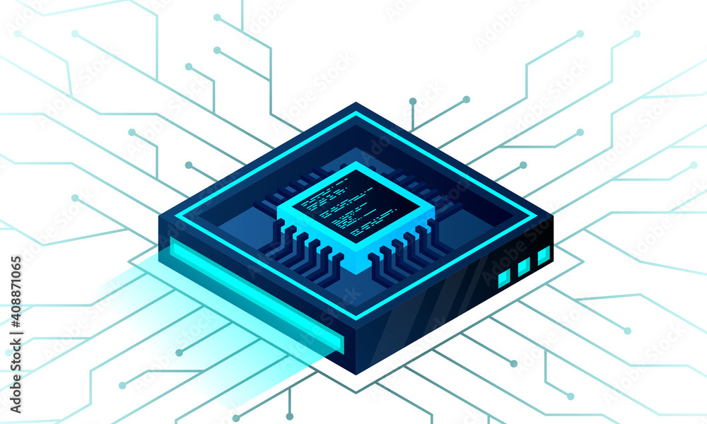 Poster isometric artificial intelligence web banner. 3d isometric illustration of a processor chip. the pro