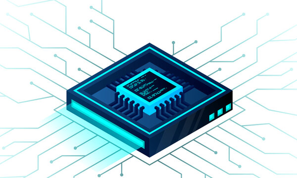 Isometric Artificial intelligence web banner. 3D isometric illustration of a processor chip. The process of data processing. Developments in modern technologies.
