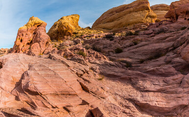Fototapeta na wymiar Pastel Colored Rock Formations Along White Domes Trail, Valley of Fire State Park, Nevada, USA