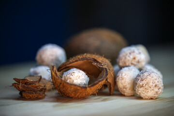 ice cream sweet balls in the style of raffaello and bounty