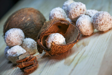 ice cream sweet balls in the style of raffaello and bounty