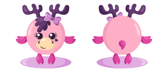 Funny cute kawaii moose or deer with round body and hair in flat design with shadows, front and back. Isolated animal vector illustration	