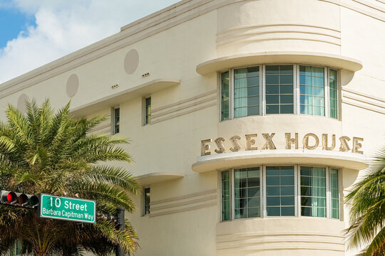 Classic art deco architecture of the Essex House Hotel in the popular South Beach district of Miami Beach
