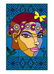 Artwork illustration of stained-glass window design - Springtime with flowers. Collection.