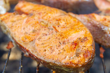 Large fish steaks fresh trout fried in spices on the grill