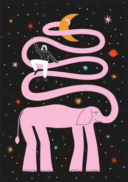 Vector illustration with pink elephant, girl and stars. Trendy print design with animal, home decoration poster