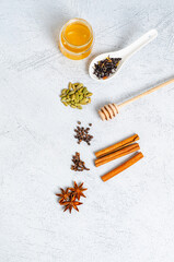 Fototapeta premium Ingredients for making indian traditional masala tea drink.