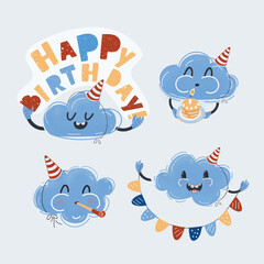 Vector illustration of Birthday element card. Funny Cloud caracter celebrate collection on white backround.