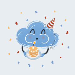 Vector illustration of Cloud caracter celebrate with Birthday pie on white backround.