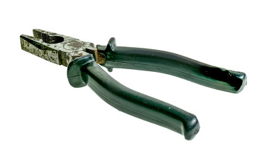 A close up of well used and rusty pliers isolated on a plain white background