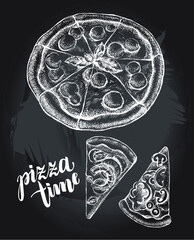Sliced pizza with mozzarella and basil, assorted pizza slices with different ingredients. Vector ink hand drawn illustration. Menu, signboard template. - 408873639