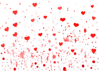 Fototapeta na wymiar Abstract watercolor background of red hearts with splashes of ink. For Valentine's cards and design. Love symbol. Valentine's Day.