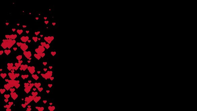 Flying hearts on the black background - emitting from the left edge. Loop animation, motion graphic, useful for graphics composing elements