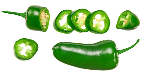 sliced jalapeno peppers isolated on white background. Green chili pepper. Capsicum annuum. top view