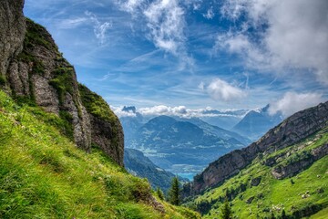 hike in the swiss nature and mountain region of Speer, Federispitz, Chuemettler, Grappehorn