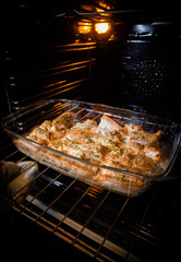 Fried salmon in the oven close-up