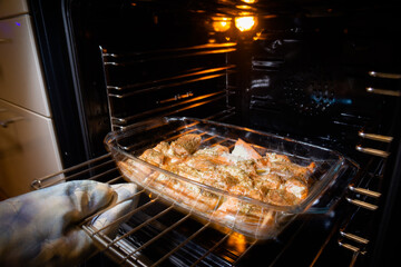 Fried salmon in the oven close-up