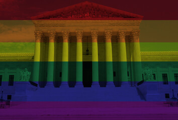 LGBTQ rainbow flag colors with the US Supreme Court in Washington DC
