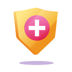 Medical pharmacy protection shield with cross plus icon vector flat cartoon, concept of hospital or clinic guard logotype element design, healthcare life insurance idea sign modern template