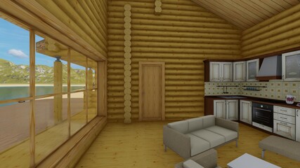 деревянный дом и баня из оцилиндрованного бревна картинка, иллюстрация