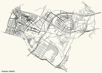 Black simple detailed street roads map on vintage beige background of the neighbourhood Vicálvaro district of Madrid, Spain